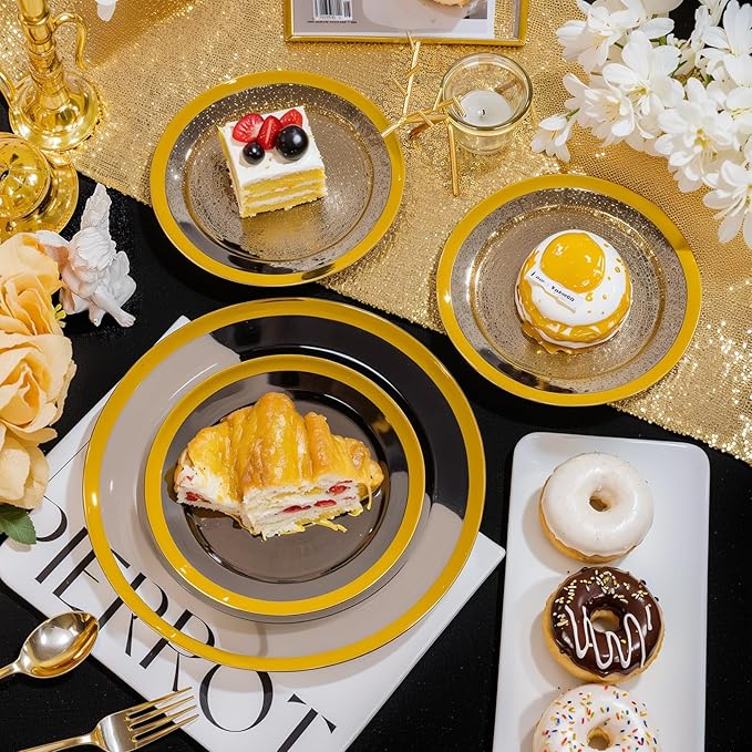 supernal 120pcs Clear Black and Gold Plastic Plates Black Plates Gold Plastic Dinnerware Include Dinner and Dessert Size for Elegant Parties, Valentine's Day Party and Wedding