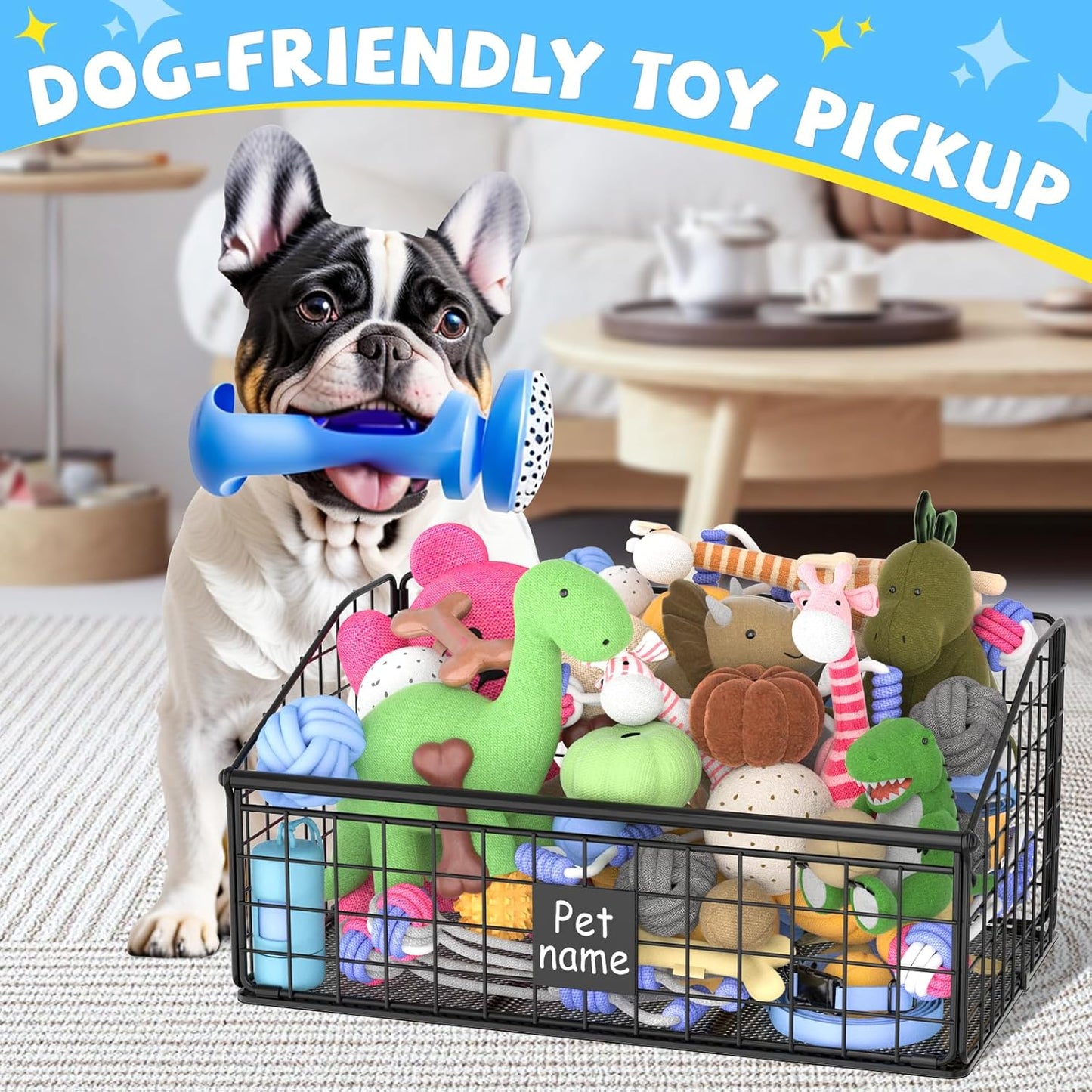 Indestructible Dog Toy basket, Medium Toy Box for Dogs,Pet Toy Bin Dog Metal Basket for Toys, Toy Storage Organizer, Toy Box for Living Room Area (Black)
