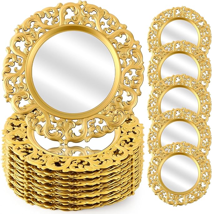 Maxdot 24 Pcs 13" Mirror Charger Plates for Dinner Plates Plastic Round Embossed Edge Dinner Chargers for Table Setting Wedding Party Christmas Holiday Supplies Elegant Tabletop (Gold)
