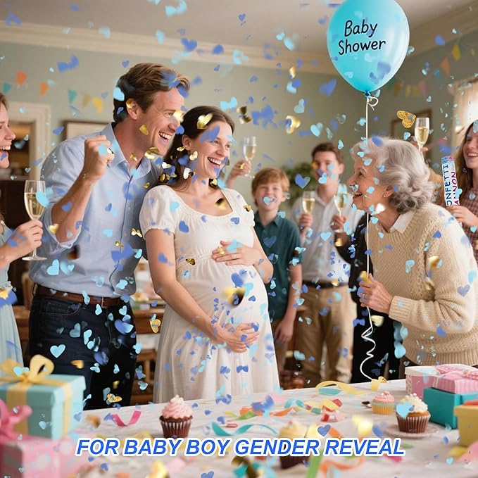 4 Pack Gender Reveal Confetti Cannon, 12 in Blue Heart Shaped Paper Party Poppers Cannons, Confetti Poppers For Baby Boy Gender Reveal Baby Showers (Heart, Blue)