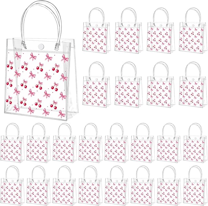 Tioncy 24 Pcs Cherry Party Favor Bags Pink Bow Red Cherries Clear PVC Gift Bags with Handles Candy Treat Basket for Little Cutie Baby Shower Decorations Wedding Birthday Summer Party Supplies