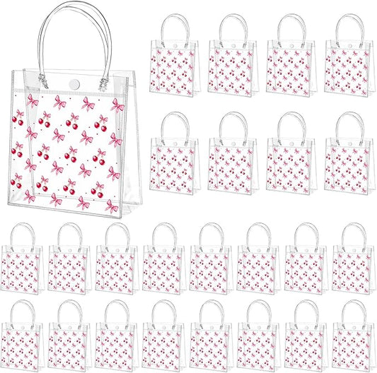 Tioncy 24 Pcs Cherry Party Favor Bags Pink Bow Red Cherries Clear PVC Gift Bags with Handles Candy Treat Basket for Little Cutie Baby Shower Decorations Wedding Birthday Summer Party Supplies