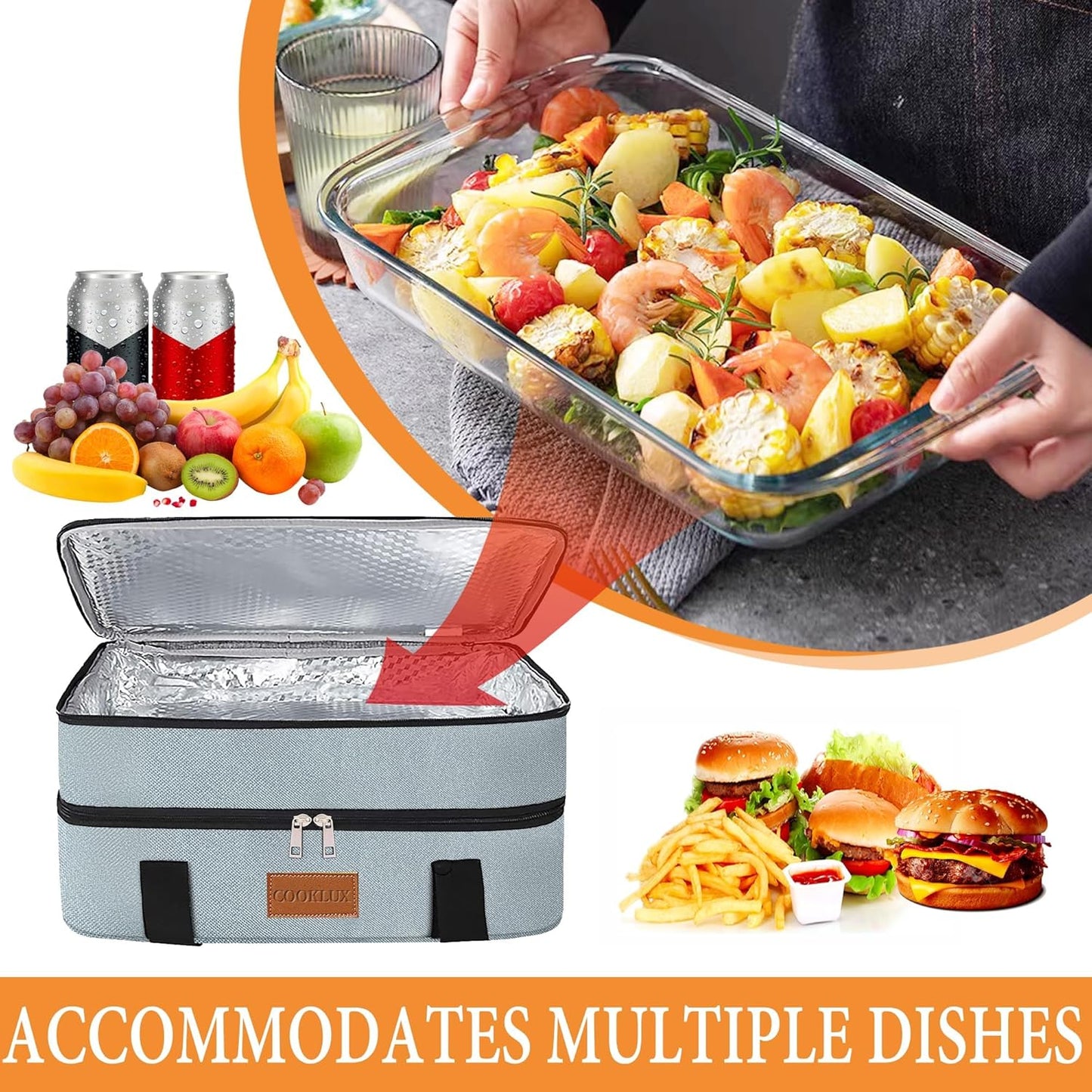 Double Decker Insulated Casserole Carrier for Hot or Cold Food, Food Warmer Bag for Potluck Parties/Picnic/Cookouts, Fits 9"x13" Baking Dish, Leak Proof Travel Food Containers, Durable Nylon, Grey