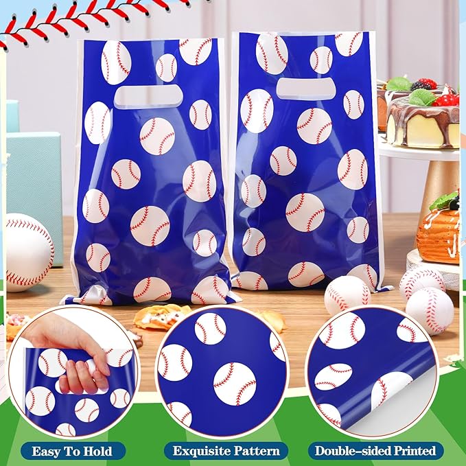 Frienda 100 Pcs Baseball Treat Bags with Handles, Blue White Plastic Baseball Party Favors Bag Baseballs Snacks Bags for Candy Small Gifts, Team Events Birthday and Sports Celebrations Decorations