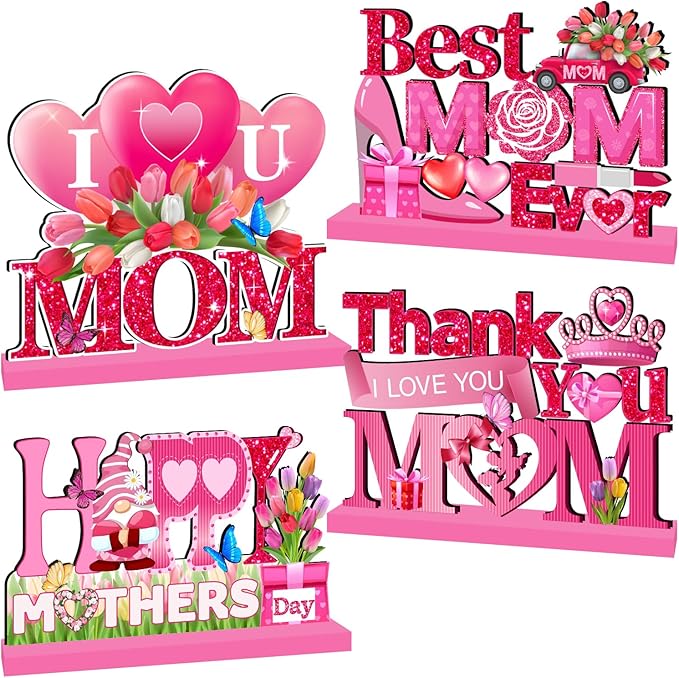 4pcs Mothers Day Decorations for Party Wood Table Decor Happy Mothers Day Centerpieces for Tables Pink I Love U Mom Thank You Mom Wood Tabletopper for Home