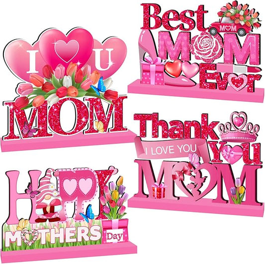 4pcs Mothers Day Decorations for Party Wood Table Decor Happy Mothers Day Centerpieces for Tables Pink I Love U Mom Thank You Mom Wood Tabletopper for Home