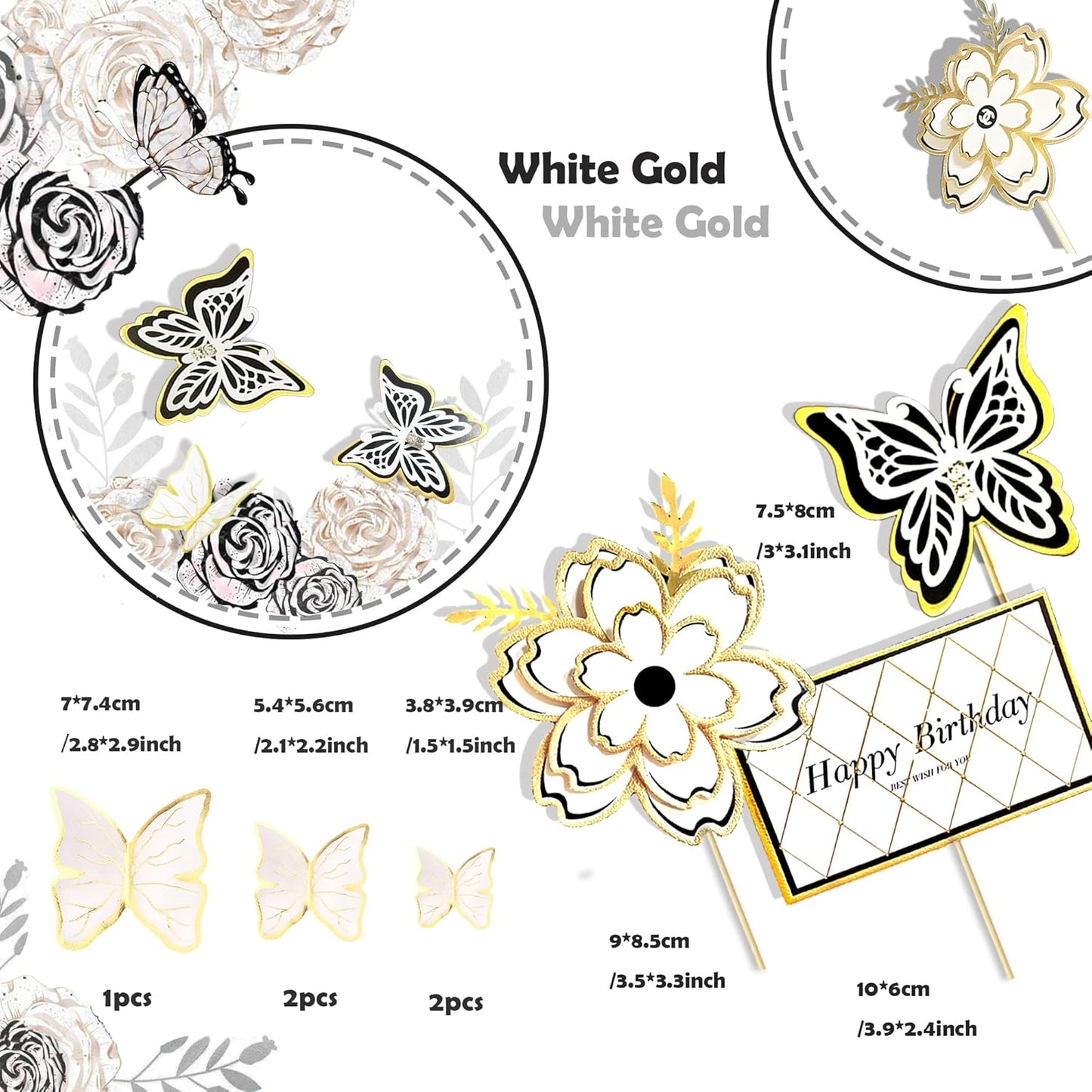 8-Piece White Gold Flower and Butterfly Cake Toppers - Birthday Cake Decorations and Party Decorations