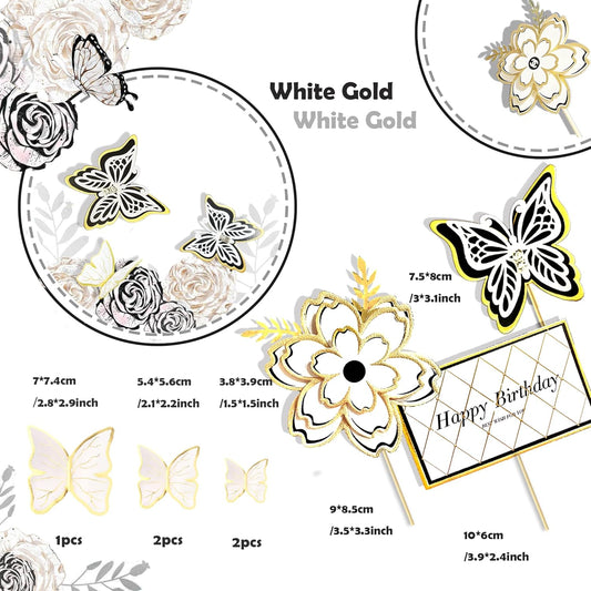 8-Piece White Gold Flower and Butterfly Cake Toppers - Birthday Cake Decorations and Party Decorations