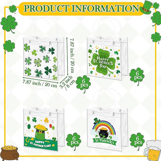 H1vojoxo St. Patrick's Day Gift Bags - 24PCS St. Patrick's Day Clear PVC Gift Bags with Handle for Family Gathering Party Decor Reusable Lucky Clover Goodie Bags Shamrock Bag for Holiday Party Favor