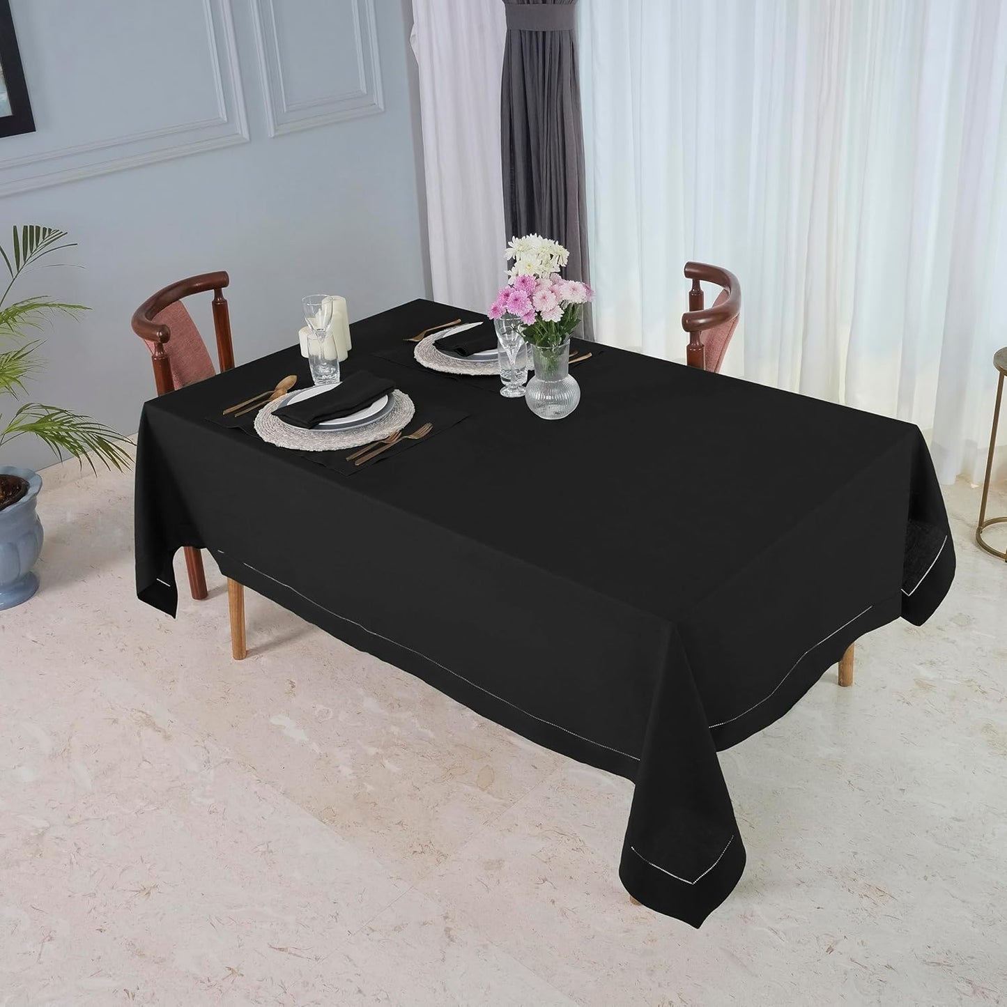 D'Moksha Homes Black Linen Tablecloth for Rectangle Tables 60 x 90 Inch - 100% Pure Linen Black Table Cloth - Classic Hemstitch, Machine Washable Tablecloth for Fall, Autumn and Halloween