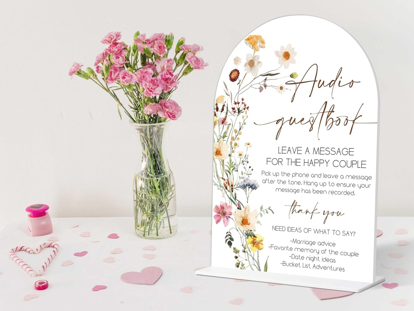 Audio Guest Book Sign, Flower Style Bridal Shower Sign for Wedding, Engagement, Bridal Shower and Reception, Bridal Shower Decorations, Wedding Shower Favors, 6X8 Inch Acrylic Arch Sign with Stand,7