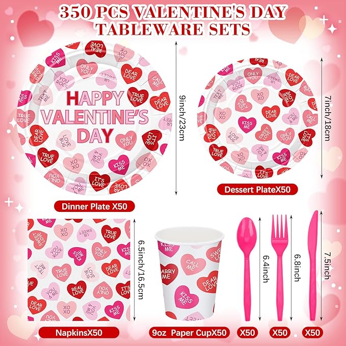 Layhit 350 Pcs Valentine's Day Tableware Sets Conversation Heart Paper Plates Valentines Plates Napkins Cups Disposable Pink Heart Candy Dinnerware for Valentine Weddings Birthday