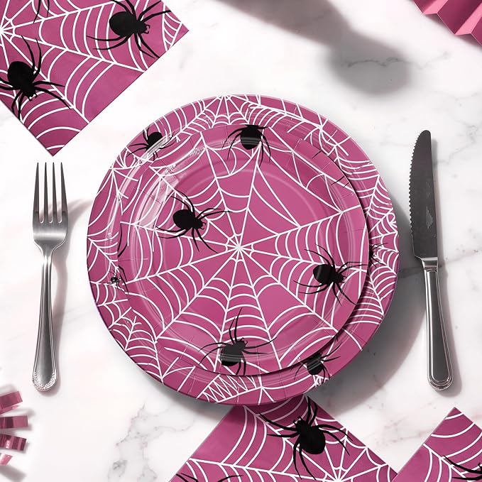 75pcs Spider Party Supplies, 25 Guest Disposable Pink Paper Plates & Napkins, Tableware Decorations Favors, Including 9" & 7" Plates & Napkins for Halloween, Birthday, Parties, and Everyday Use