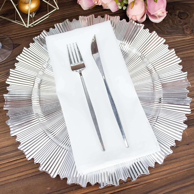 Efavormart 6 Pack | 13" Metallic Silver Sunray Acrylic Plastic Serving Plates, Round Scalloped Rim Disposable Charger Plates