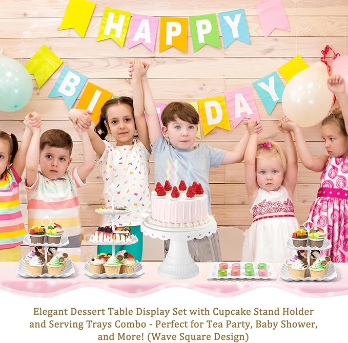 Willinglong 12 Pcs Dessert Cupcake Stand Holder, Cake Table Display Set Include 5 Cupcake Stand Tiered Tower 1 Cake Holder 6 Serving Tray Combo for Tea Party Birthday Baby Shower Wedding(White,White)