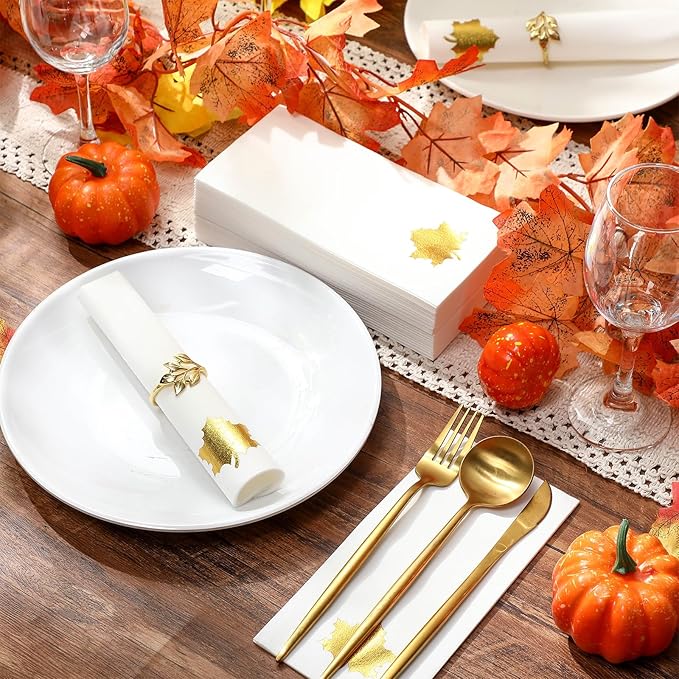 Janlaugh 100 Pcs Gold Thanksgiving Linen Disposable Bathroom Hand Towels Pumpkin Maple Leaves Foil Stamped Guest Napkins 12"x17" Paper Towels for Bathroom Home Lunch Dinner Kitchen(Maple Leaf)