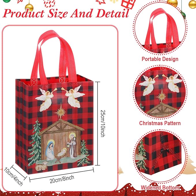 Wesnoy 24 Pcs Christmas Nativity Bags Bulk 10 x 8 x 4 Inch Christmas Jesus Non Woven Gift Bags with Handles Holy Night Religious Jesus Decoration Gift Packaging Reusable Christian Supplies for Xmas