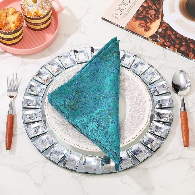 Suclain 6 Pcs Mirrored Glass Charger Plates 13 Inch Silver Mirror Plates Round Chargers for Dinner with Diamond Rim Settings for Wedding Birthday Party Events (Square Diamond Rim)