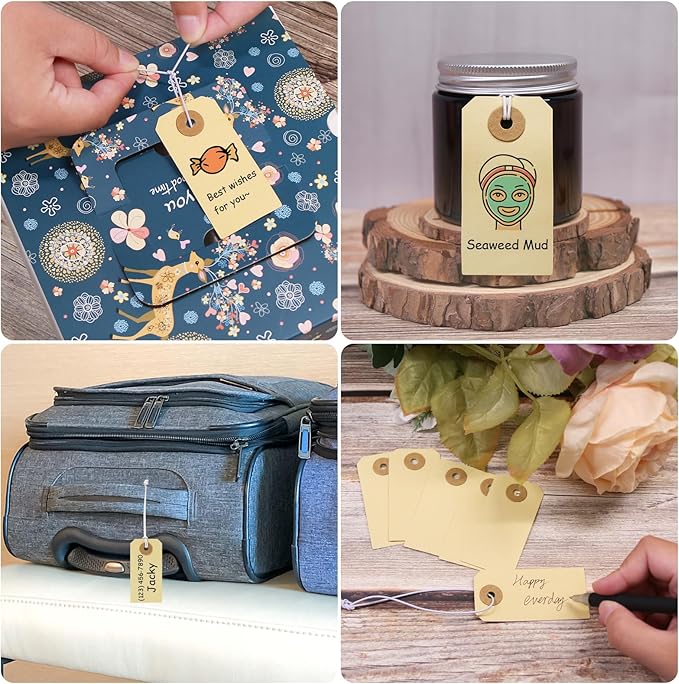 Manila Paper Tags with Elastic String - Coideal 200 Pcs Small Hang Price Tags Attached Reinforced Hole, Blank Marking Shipping Tags Label for Hanging Gift Clothing Jewelry (2 3/4" x 1 3/8")