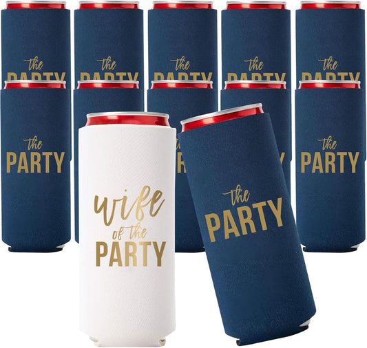Wife of the Party and The Party Bachelorette Can Coolers - Set of 12, Perfect for Decorations and Bridesmaid Gifts (Navy, Slim)