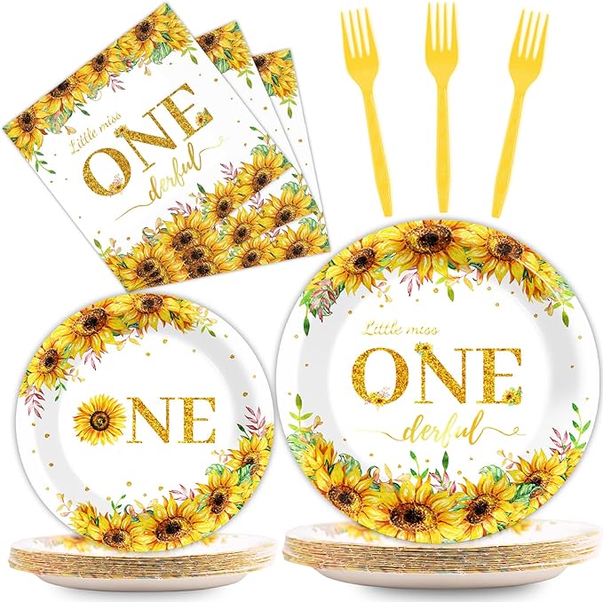 96Pcs Sunflower 1st Birthday Party Supplies Baby Girl Little Miss Paper Plates Napkins Sun Flower Party Decorations First Birthday Dinnerware Favor Tableware Serves 24