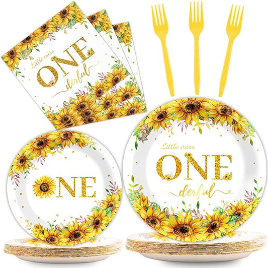 96Pcs Sunflower 1st Birthday Party Supplies Baby Girl Little Miss Paper Plates Napkins Sun Flower Party Decorations First Birthday Dinnerware Favor Tableware Serves 24