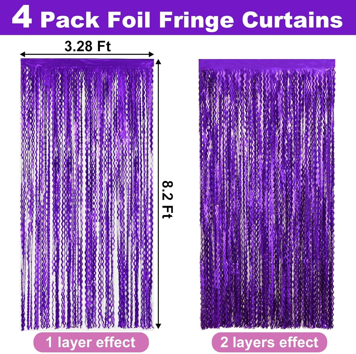4 Pack Purple Fringe Curtain Backdrop 3.2Ft x 8.2Ft Metallic Tinsel Foil Fringe Streamers Background for Photo Booth Mother's Day, Easter, Carnival, Birthday, Wedding Party Decoration