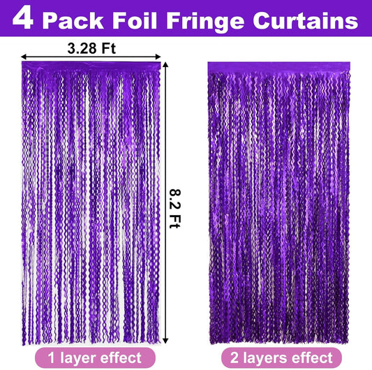 4 Pack Purple Fringe Curtain Backdrop 3.2Ft x 8.2Ft Metallic Tinsel Foil Fringe Streamers Background for Photo Booth Mother's Day, Easter, Carnival, Birthday, Wedding Party Decoration