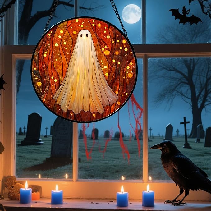 Stained Glass Window Hanging - Halloween Decoration Glowing Forest Ghost Suncatcher for Door Garden Spooky Orange Sun Catchers Gothic Decor Horror Gifts for Women Men Friend Boy Girl 6.3 in
