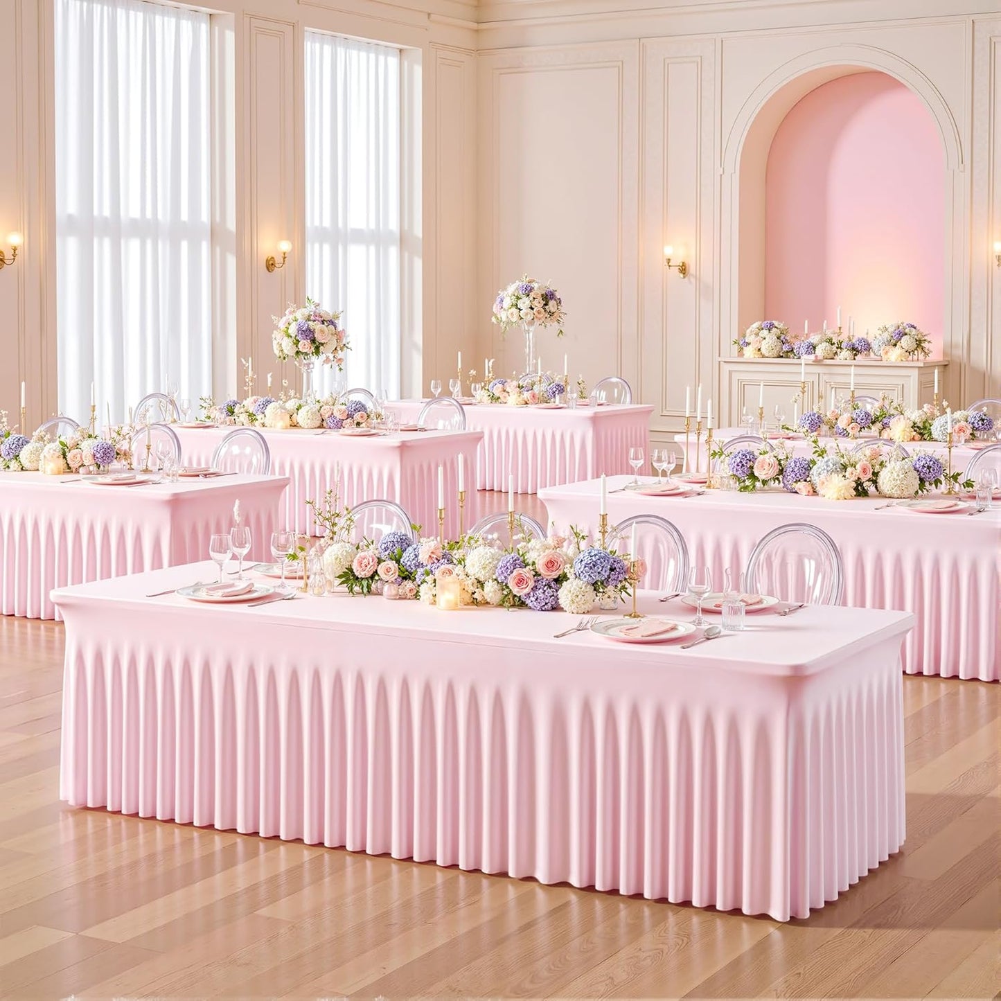 4 Pack 8ft Pink Spandex Table Cloths for Rectangle Tables Wrinkle Free Pink Rectangle Tablecloths Stretch Fitted Table Cover with Skirt for Baby Shower Girl Birthday Party Wedding Banquet Buffet