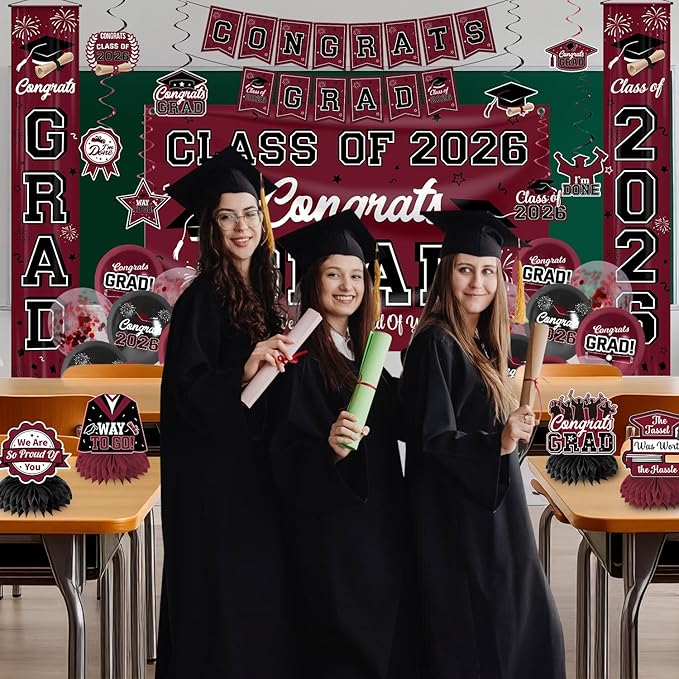 Graduation Decorations Class of 2026 Maroon Graduation Party Decor Set include Congrats Grad Banner Backdrop Class of 2026 Balloons Party Supplies
