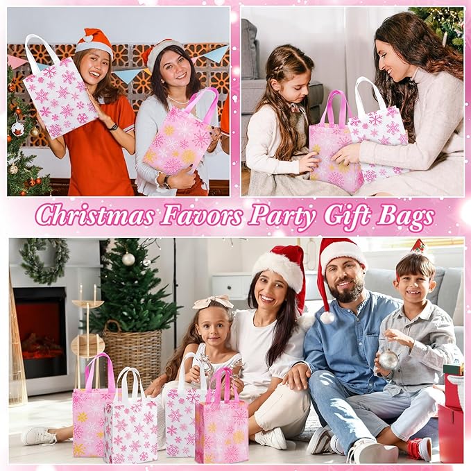 Wovnet 30 Pcs Christmas Bags Bulk Pink Snowflake Winter Merchandise Gift Bags with Handles Reusable Non Woven Tote Shopping Goodie Pouch for Xmas Party Favors 10 x 8 x 4in