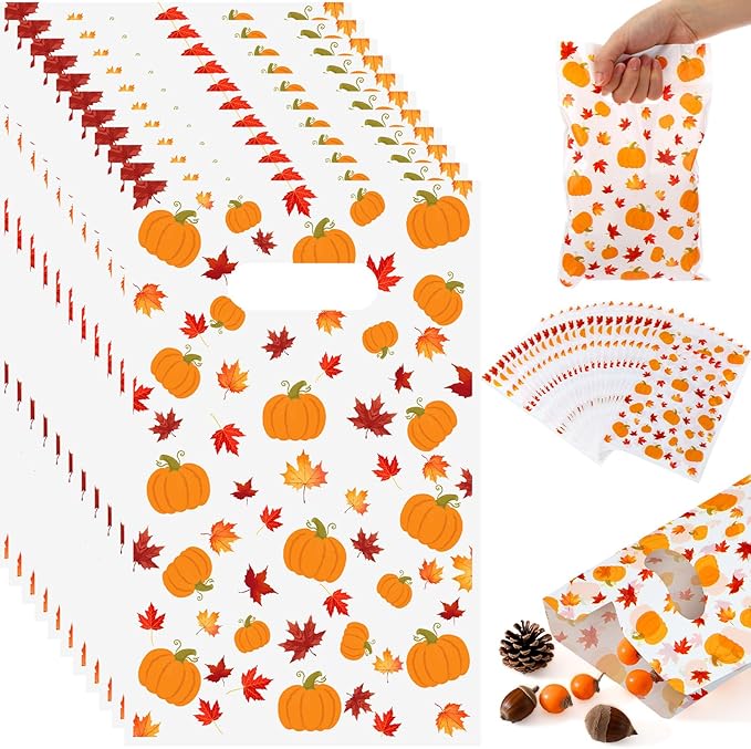 Supervitae 100 Pcs Fall Plastic Gift Bags Thanksgiving Party Favor Bags Bulk Pumpkin Maple Leaves Goodie with Handle for Autumn Party Supplies