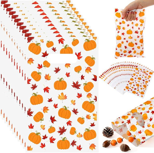 Supervitae 100 Pcs Fall Plastic Gift Bags Thanksgiving Party Favor Bags Bulk Pumpkin Maple Leaves Goodie with Handle for Autumn Party Supplies