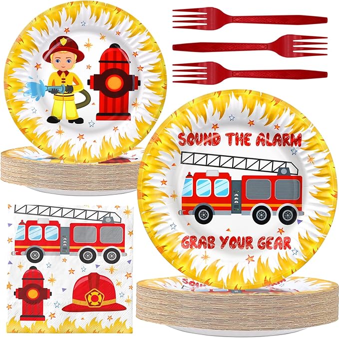 Firetruck Party Decorations - Firefighter Party Plates and Napkins for Kids, Serves 40 Guests