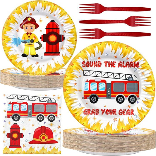Firetruck Party Decorations - Firefighter Party Plates and Napkins for Kids, Serves 40 Guests