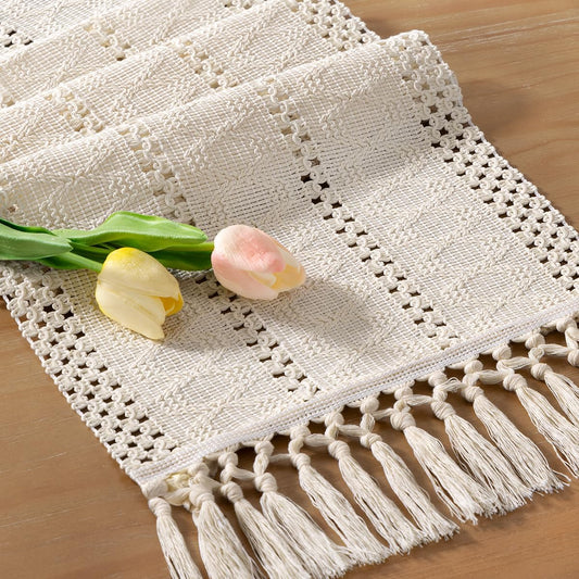 Socomi Boho Table Runner Fall Thanksgiving Farmhouse Rustic Dining Kitchen Centerpiece Decor Small Macrame Woven Cotton Linen Coffee Table Runner for Dresser Scarf Home Decor 12x36 inch Beige