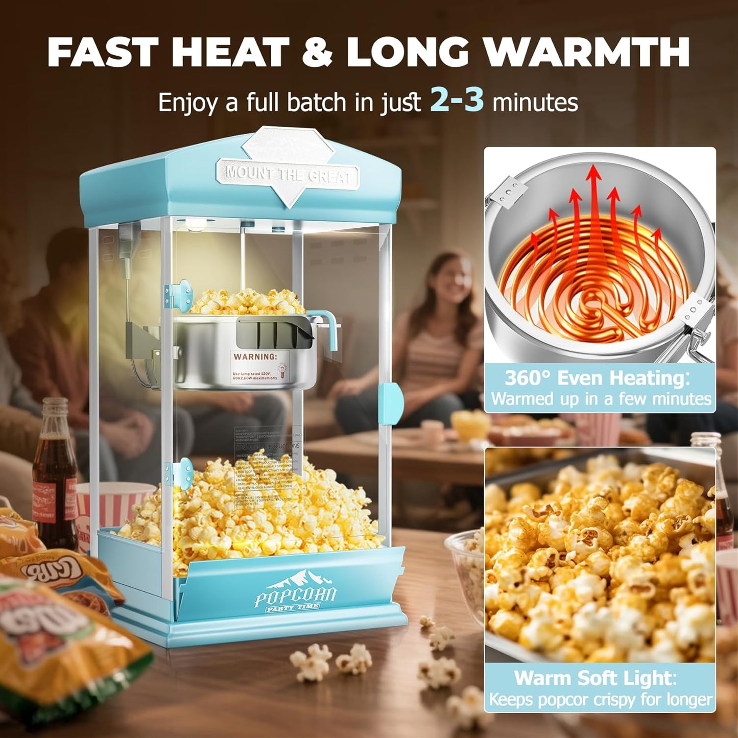 Popcorn Machine Cart with Wheel, 10 oz Popcorn Maker Machine with Stainless-Steel Kettle Makes Up to 40 Cups, Vintage Movie Theater Style Pop Corn Machine, Cyan