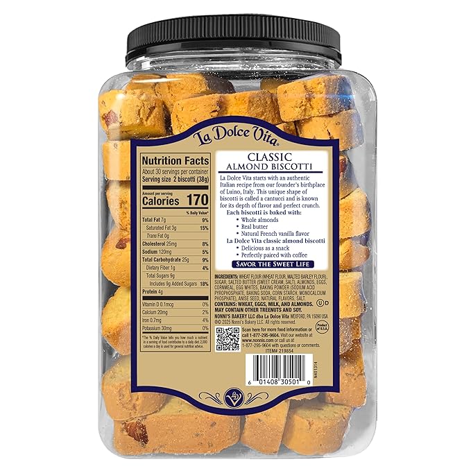 La Dolce Vita Classic Almond Italian Biscotti Cookies, Gourmet Coffee & Tea Dipping Snack, 40 oz Jar