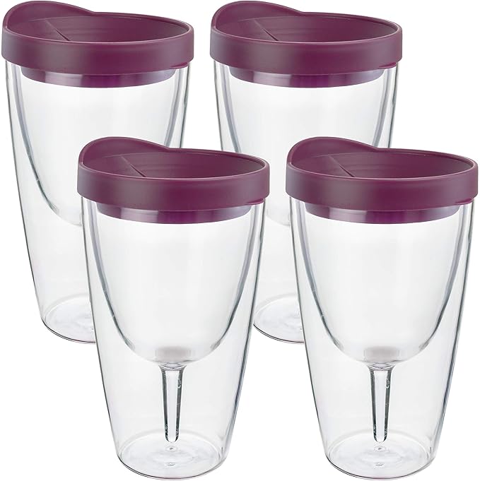 Southern Homewares Insulated Acrylic Wine Tumbler with Merlot Lid – 16oz Double Wall Travel Cup, Pack of 4 Wine 2Go! Set for Outdoors & Parties