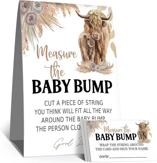 Baby Shower Games Measure the Baby Bump Sign, How Big is Mommy's Belly Party Favors Supplies, 5x7 Inch Kraft Standing Sign and 50 Guessing Cards, Holy Cow, Boho Highland Cow