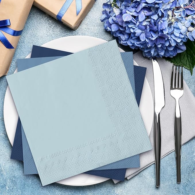 Whaline 150Pcs Dusty Blue Paper Napkins 3 Colors Dinner Napkins Blue Disposable Luncheon Napkins for Party Celebration Gathering Supplies Table Decor