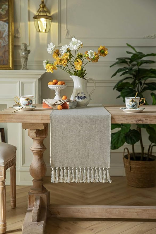 ZeeMart Natural Table Runners 60 Inches Long, Burlap Linen Style Rustic Farmhouse Table Runner, Boho Woven Dining Table Runner, 13x60 Inches, Natural