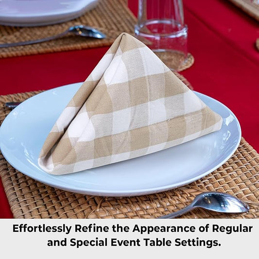 Urban Villa Cotton Dinner Napkins Set of 6, Highly Absorbent 20x20 Inches Premium Cloth Napkins Hotel Quality Reusable & Washable Table Dinner Napkins for Home & Weddings - Taupe/White, Checks
