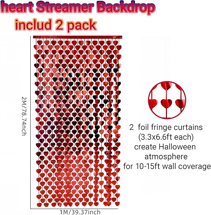 Red Heart Metal Foil Streamers Curtains, 2 Pcs 3.3x6.6ft Valentine's Party Decorations - Heart Pattern Backdrop for Engagement, Wedding & Birthday Photo Props