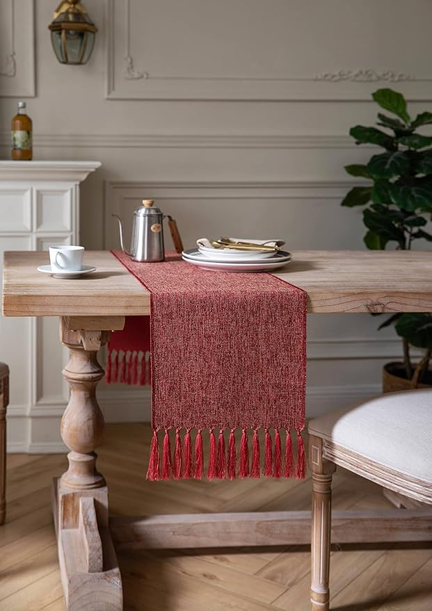 ZeeMart Red Table Runners 108 Inches Long, Burlap Linen Style Rustic Farmhouse Table Runner, Long Boho Dining Table Runner, 13x108 Inches, Red