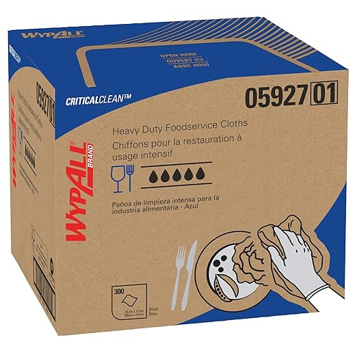 WypAll CriticalClean High Capacity Cloths Heavy Duty Foodservice Wipes (05927), Quarterfold Towels, Blue (1 Box of 300 Sheets, 300 Sheet Total)