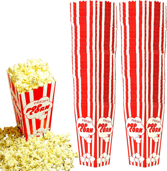 60 Movie Night Popcorn Paper Boxes Buckets 7.75 Inches Tall Large Box & Holds 46 Oz Old Fashion Vintage Retro Party Design Red & White Colored Nostalgic Carnival Stripes Bags & Tubs various qty avail