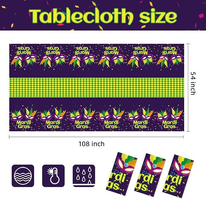Childom Mardi Gras Decorations,3 Pack Disposable Plastic Tablecloths for Rectangle Table 54" x 108" Mardi Gras Tablecloths for Party Decor,Table Cloths for Birthday,Home,Dinner,Carnival,Party Supplies
