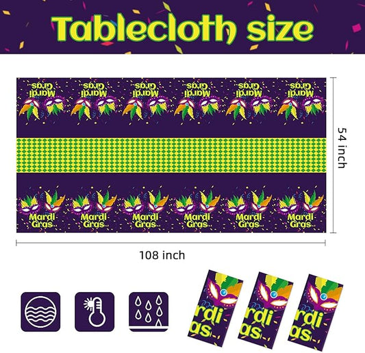Childom Mardi Gras Decorations,3 Pack Disposable Plastic Tablecloths for Rectangle Table 54" x 108" Mardi Gras Tablecloths for Party Decor,Table Cloths for Birthday,Home,Dinner,Carnival,Party Supplies